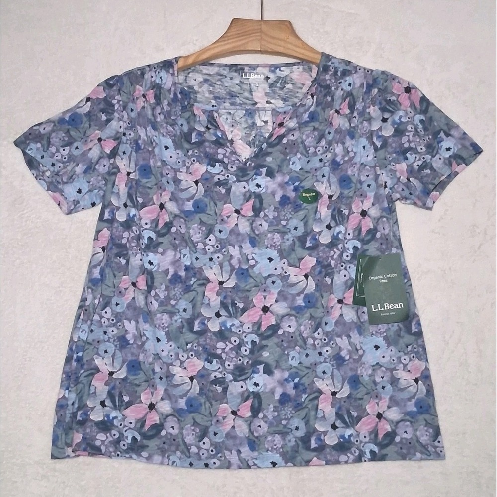 L.L.Bean Women's Purple Floral Split Neck Stretch Knit Organic Cotton T-Shirt  L